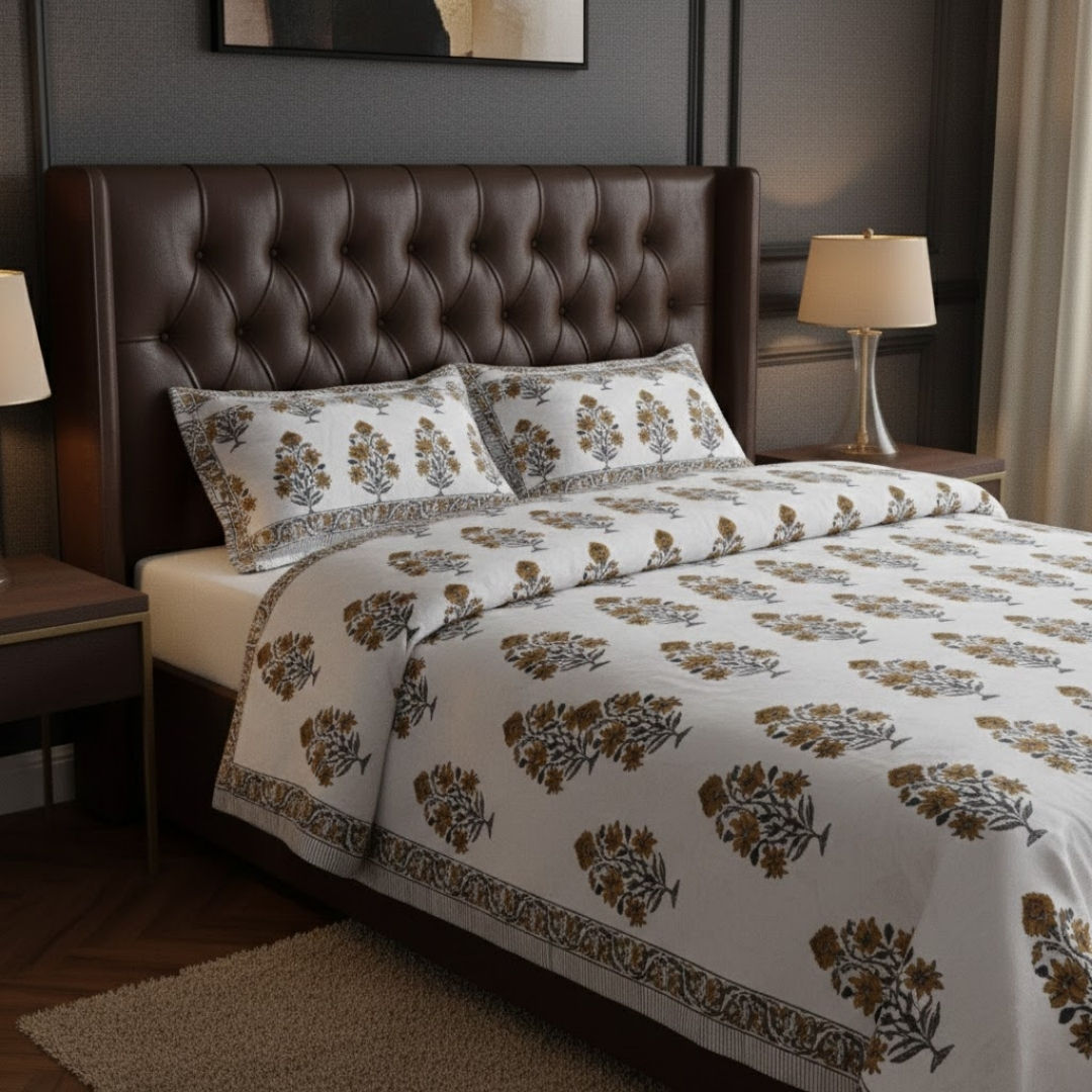 Charning rose mustard fine cotton hand block king size bedsheet set
